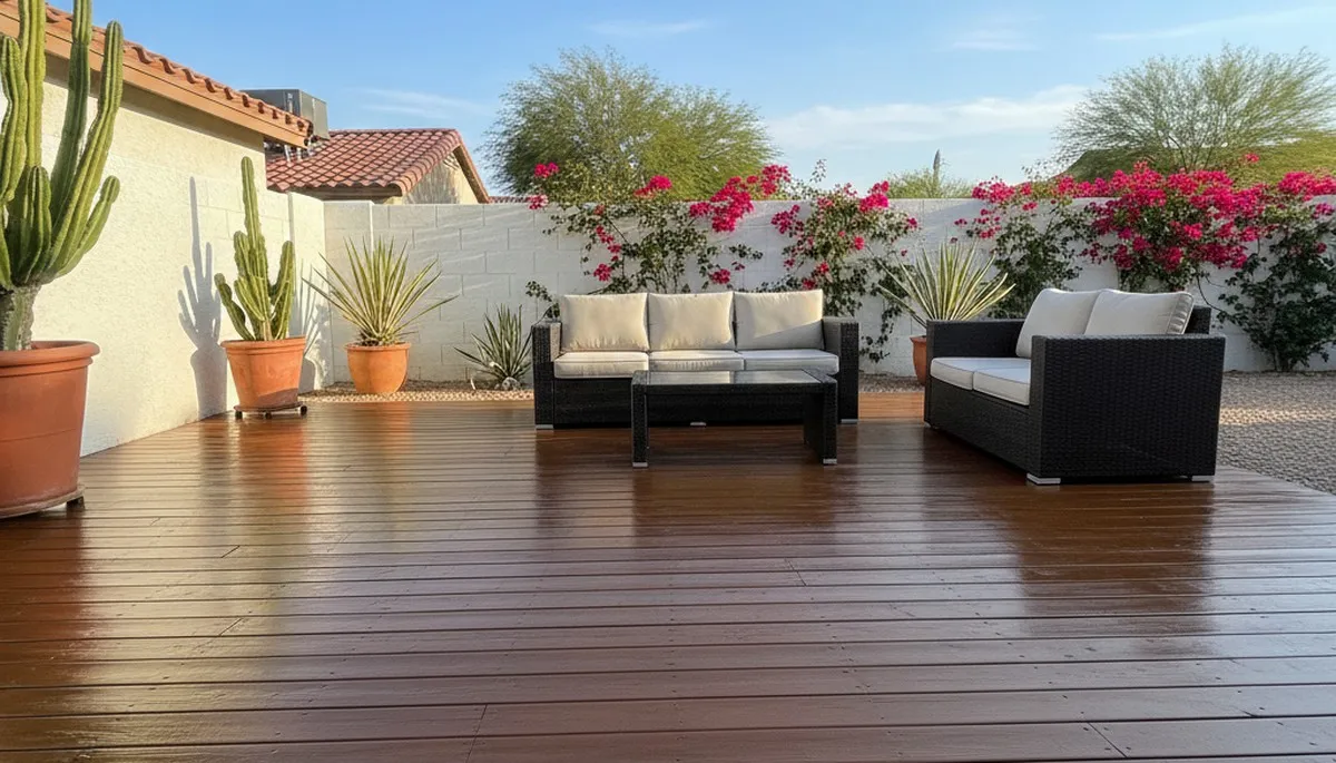 Finished deck staining by professional painters in Glendale, AZ highlighting rich wood tones and weather protection
